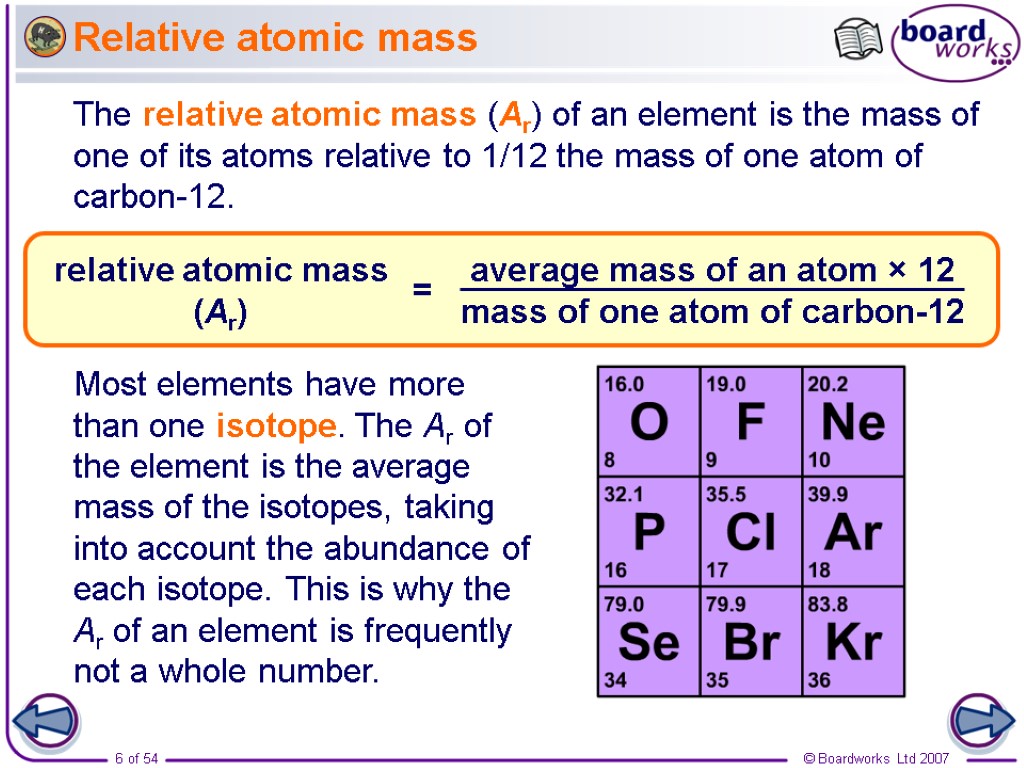 Relative atomic mass The relative atomic mass (Ar) of an element is the mass